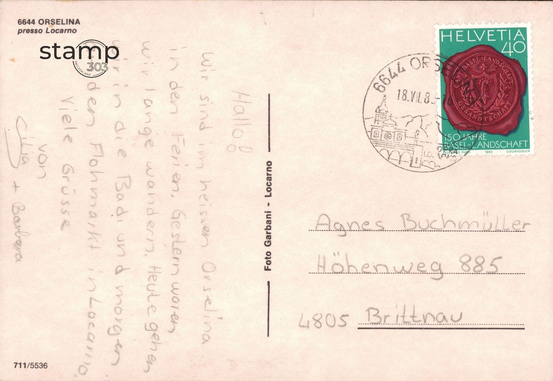 Cartoline postali: 1983 AK Orselina presso Locarno – Usato da Eggersriet venduto da stamp303 1