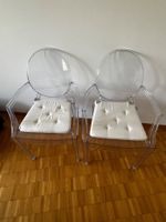 2 designer transparent chairs with cushions - good condition