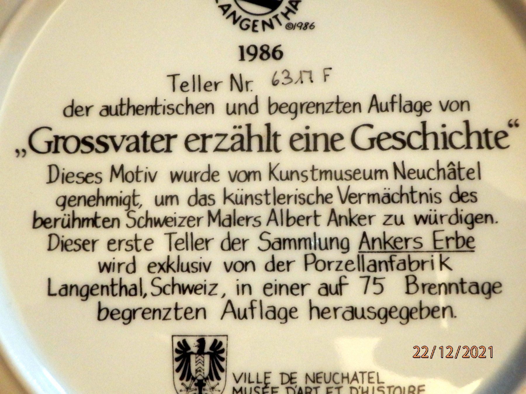 Piatti: Albert Anker, Wandteller, Auflage limit. – Nuovo (secondo la descrizione) da Ueberstorf venduto da dinbau 4