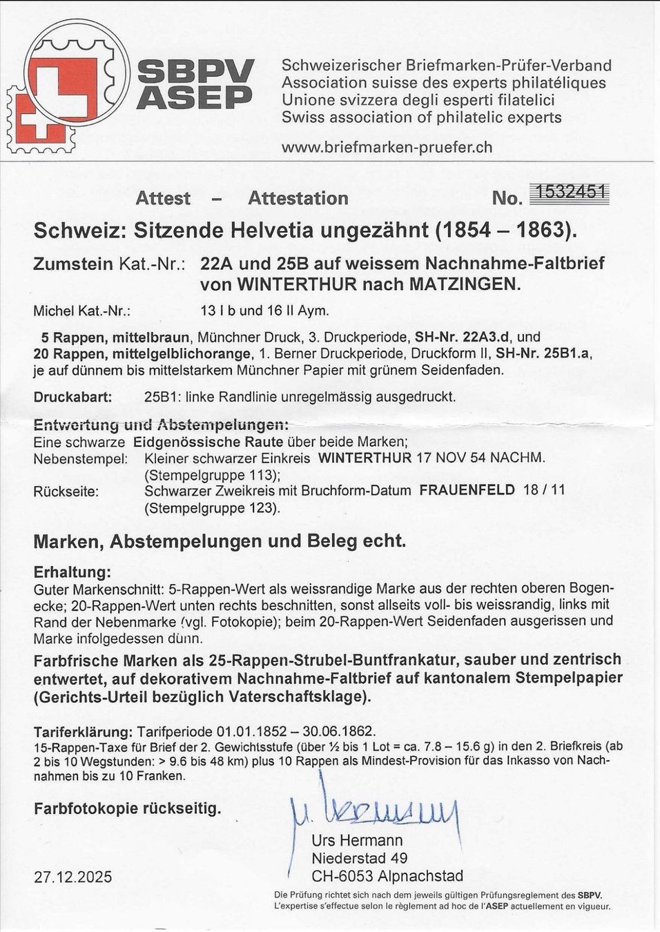 Tutti i francobolli: Seltene Frankatur & Markenfarbe - Winterthur Matzingen – Usato da Lungern venduto da Strubel-Peter 4