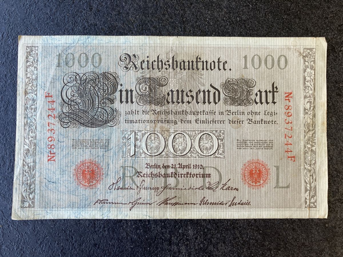 Banconote: 1000 Mark Reichsbanknote 1910 – Usato da Wettingen venduto da BAG4478