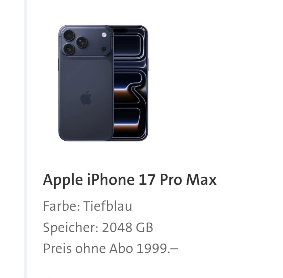 Apple Portables: i phone 17 pro max 2tb – Neuf avec emballage d'origine à Pfäffikon ZH par yve_mbz7