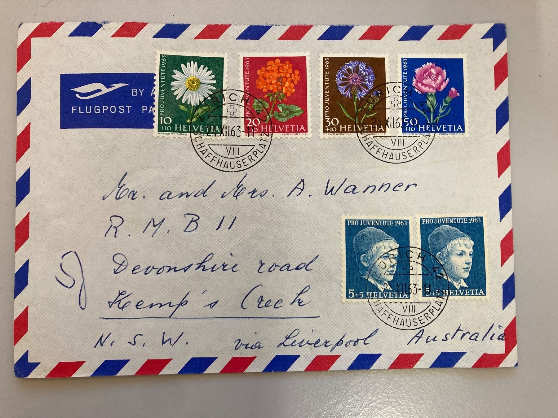 Tutti i francobolli: Luftpostbrief mit Pro Juventute Marken 1963 – Usato da Solothurn venduto da ehe_8spw