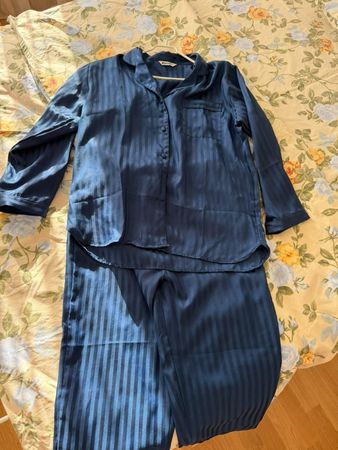 Pyjama Set Seiden Damen Dunkelblau gestreift Grösse XL