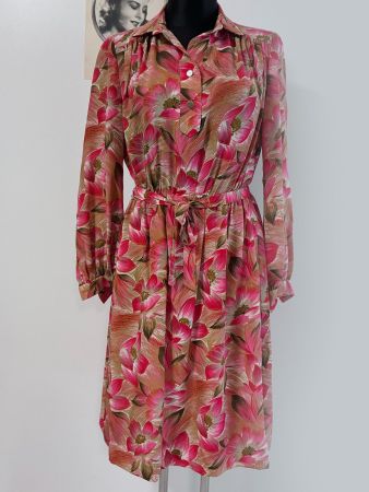 Kleid lA Seide L/XL grossgeblumt magenta-caramel VINTAGE 90s
