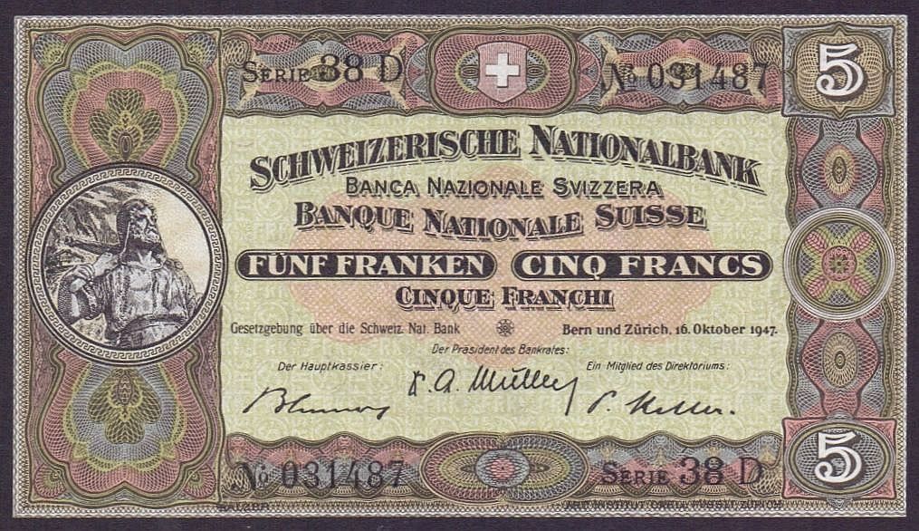 Banconote: 5 Franken 1947 perfekt UNZ – Nuovo (secondo la descrizione) da Flamatt venduto da samowarow 2