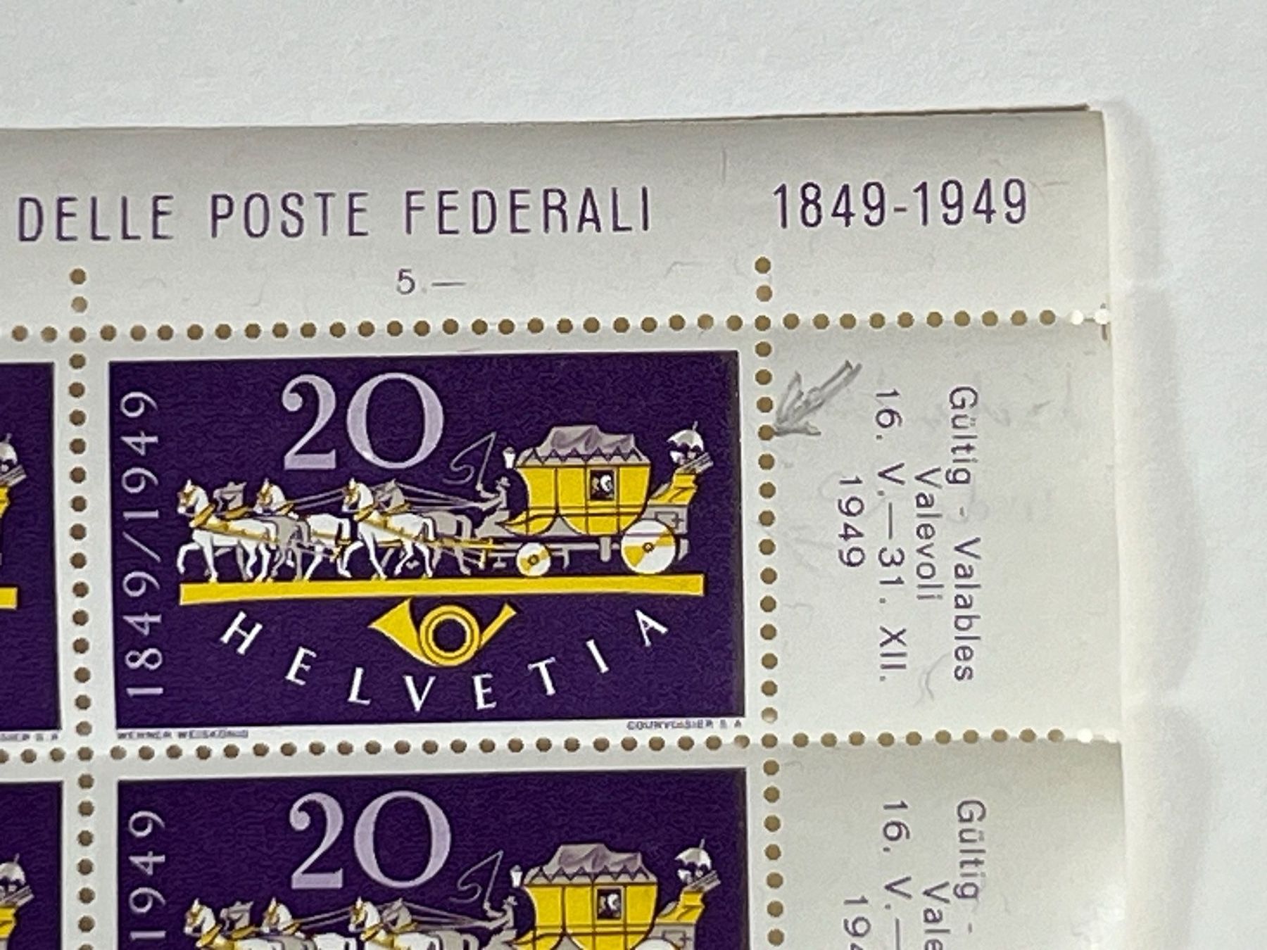 Tutti i francobolli: Briefmarke 1949 Bogen eidgenössische Post mit Abart – Usato da Wollerau venduto da Sammler-Ecke 4