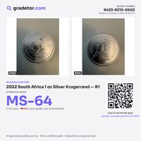 Silver Coin South Africa Krugerrand 2022 1 oz Gradetor MS64