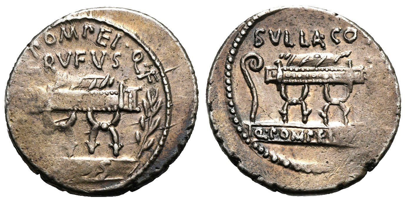 Alle Münzen: Q. Pompeius RUFUS AR Denarius (54 BC) – Gebraucht aus La Sarraz von classicworldcoins