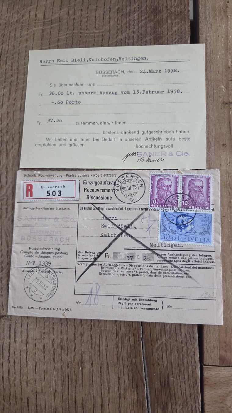Tutti i francobolli: 1938 Einzugsmandat Pro Juventute mit Inhalt – Usato da Arni AG venduto da Moth68