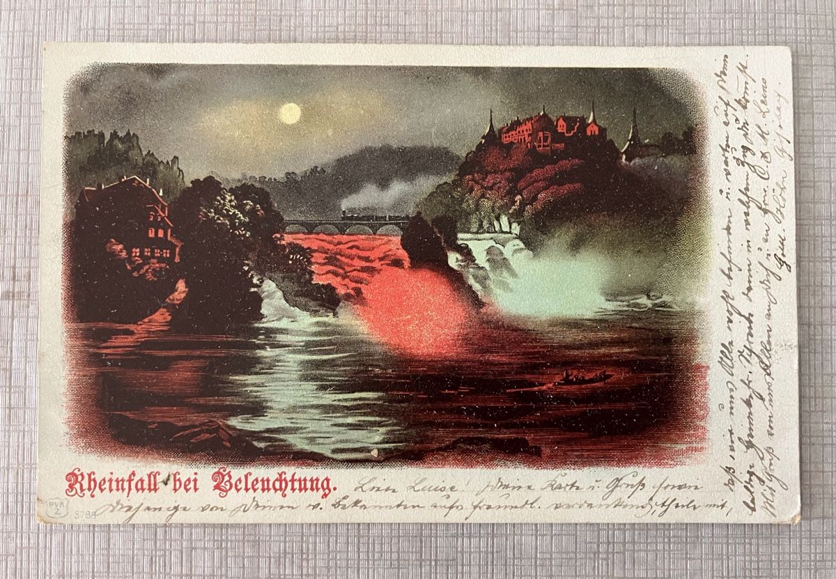 Cartoline postali: Alte Ansichtskarte Rheinfall bei Beleuchtung – Usato da Schönenberg ZH venduto da zottliv1