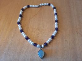 Halskette Perlen Amethyst und Anhänger 925 Silber 45cm
