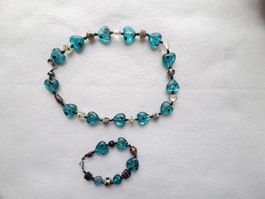 Set Halskette Armband Glasperlen Herzen türkis