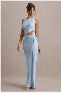 Asymmetrisches Maxikleid in Puderblau mit Cut-Out-Details
