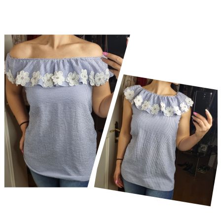 Blaues Sommertop Schulterfrei Gr. M mit Blumenspitze