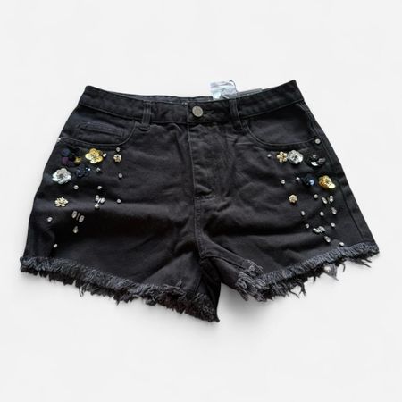 Black Denim Shorts with Floral Embellishments 