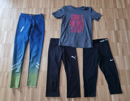 3 Sport-/Traingshosen + 1 Sportshirt - Gr. XS/158
