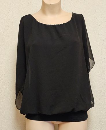Elegante Schwarze Chiffon Bluse Tunika Fledermausärmel Trans