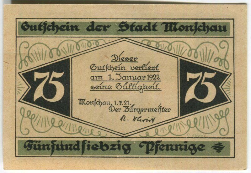 Banconote: Notgeld "75 Pfennig.  Monschau 1921" – Usato da Basel venduto da Butsch5 1