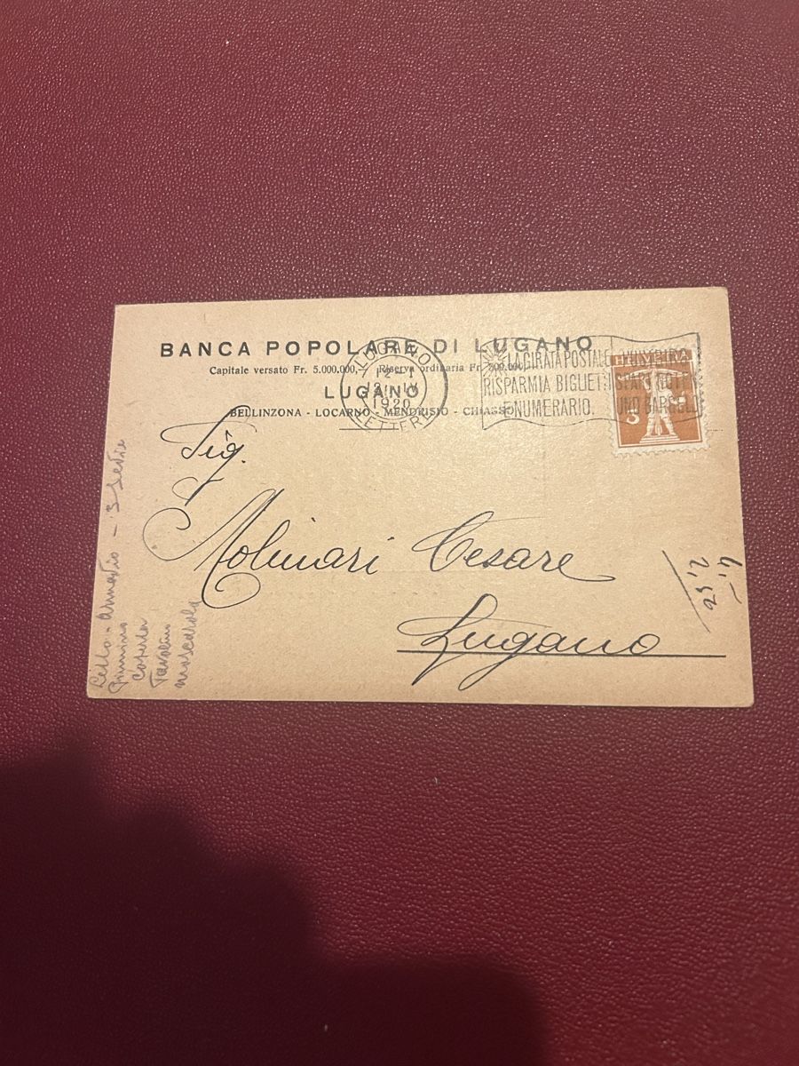 Cartoline postali: Banca Popolare di Lugano 1920 – Usato da Breganzona venduto da Milesbo
