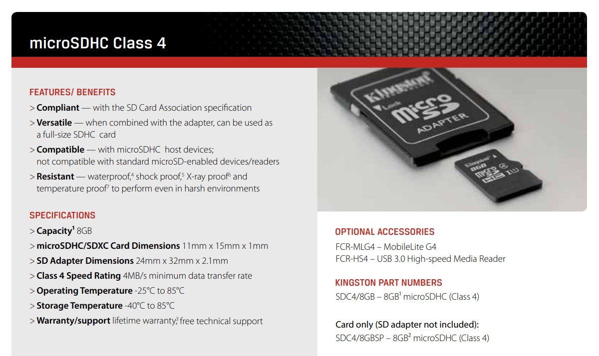 Kingston Schede di memoria: Kingston Technology 8GB microSDHC Class 4 – Nuovo e nell'imballaggio originale da Engelberg venduto da Kirrie 1