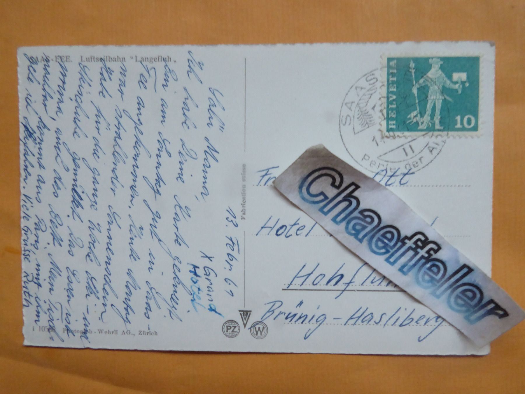 Cartoline postali: 1961 Saas-Fee. Luftseilbahn "Langefluh" – Usato da Zürich venduto da Chaeffeler 1