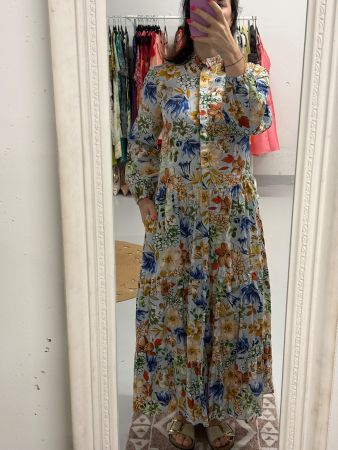 Robert Friedman langes Sommerkleid Blumenmuster S weiss bunt