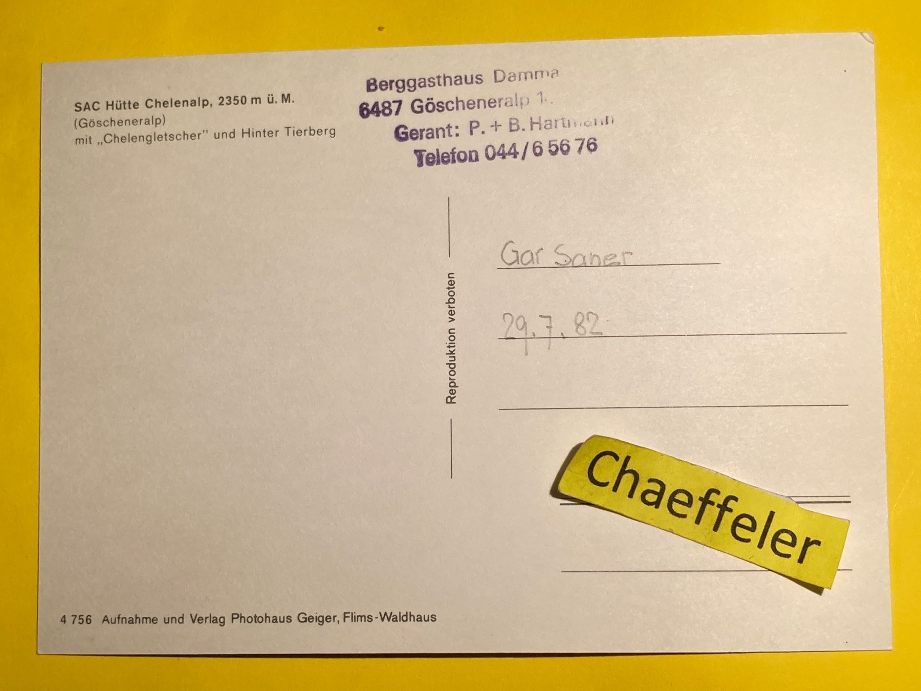 Cartoline postali: 1982 SAC Hütte Chelenalp – Usato da Zürich venduto da Chaeffeler 1