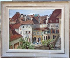 Charmantes Vintage-Ölgemälde mit historischer Stadtansicht, 