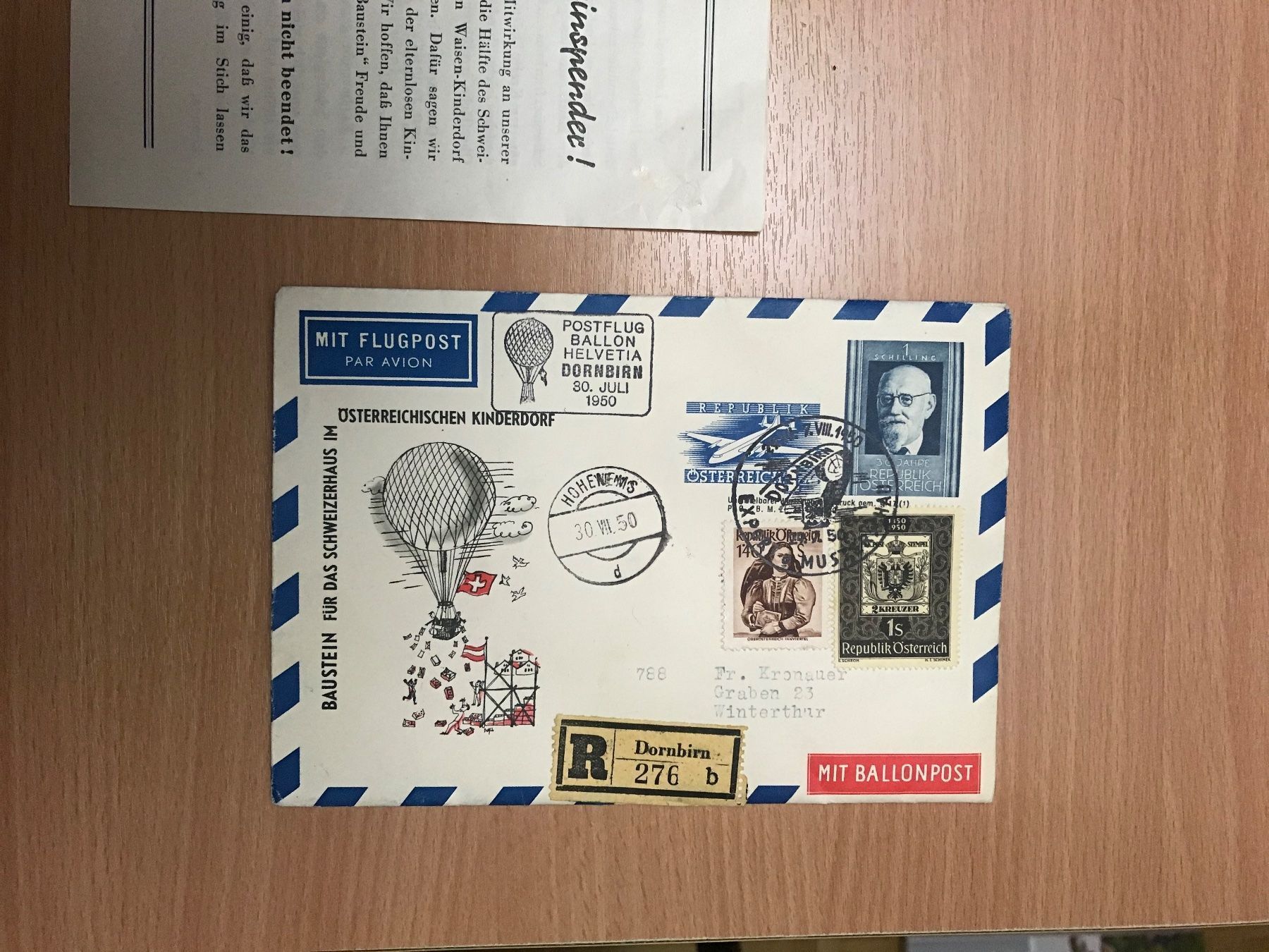 Tutti i francobolli: 1950 Ballonpost. Dornbirn na. Winterthur – Usato da stäfa venduto da brandy66 1