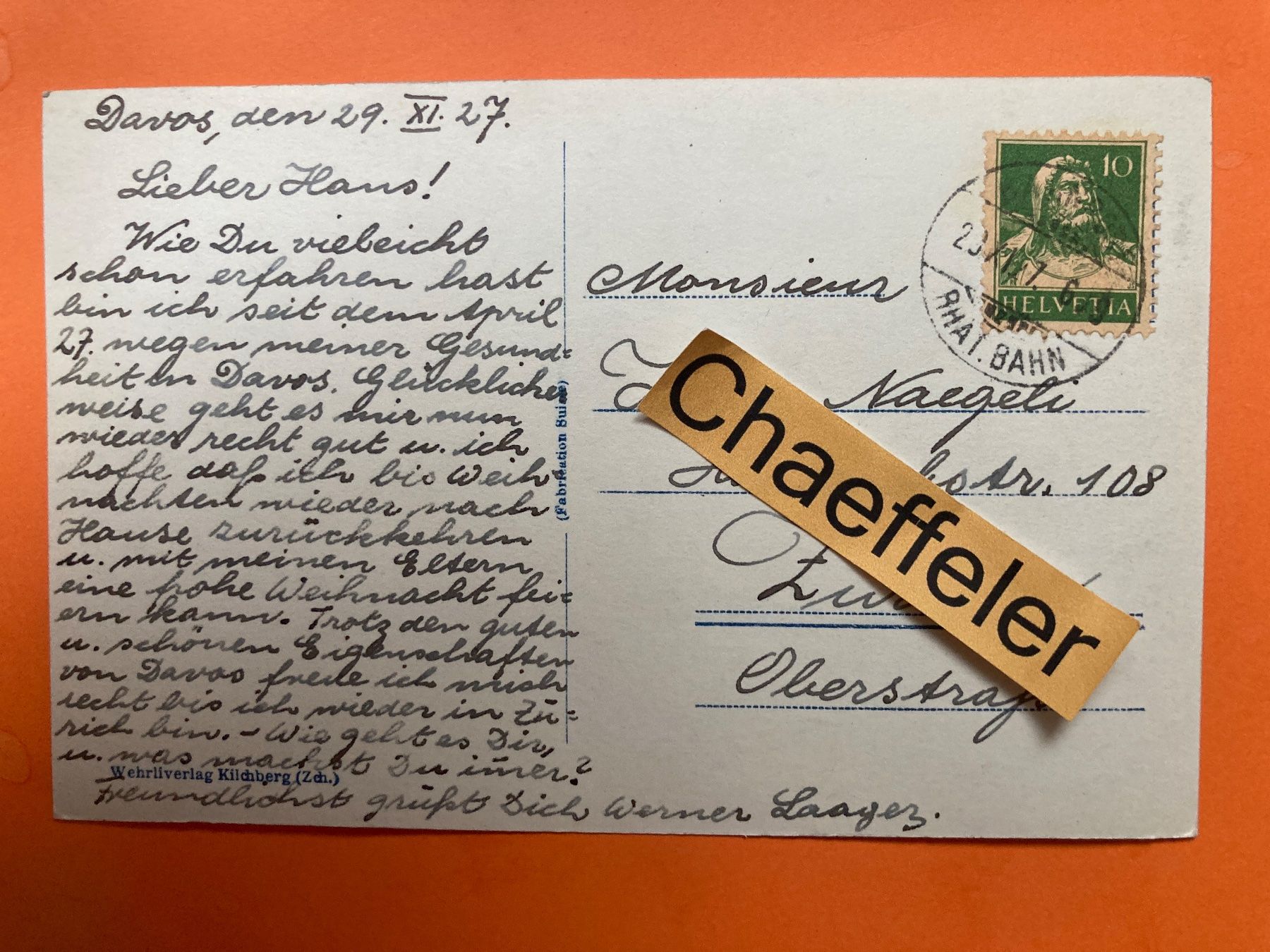 Cartes postales: 1927  15199 Davos – D'occasion à Zürich par Chaeffeler 1