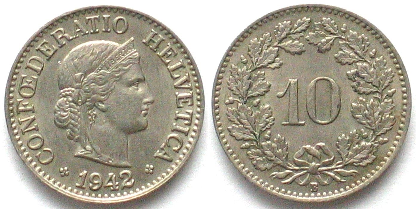 Alle Münzen: EIDGENOSSENSCHAFT 10 Rappen 1942 Ku-Ni – Gebraucht aus Riehen von sesambestcoins2004