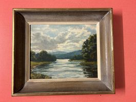 Gemälde Landschaft mit Fluss und Bäumen, Signiert, 1952