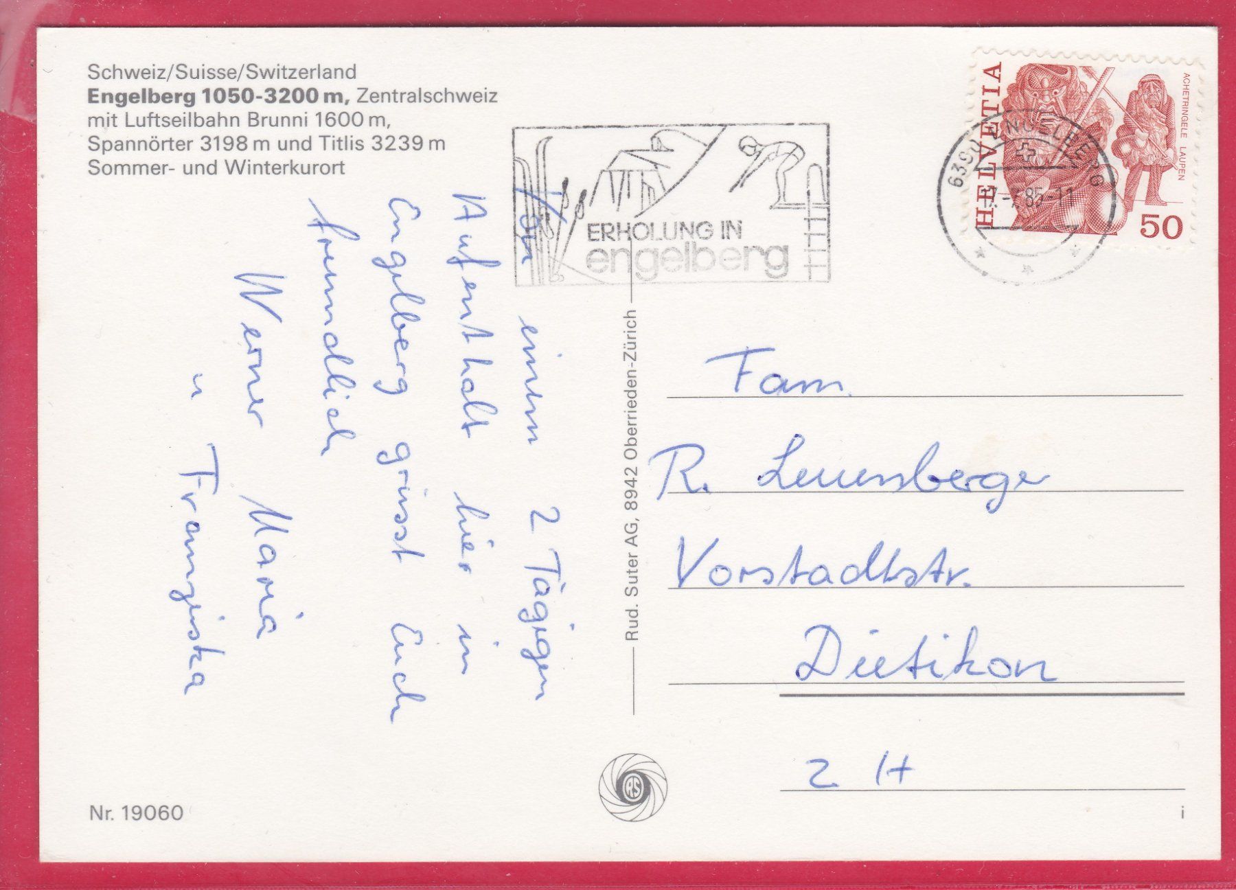 Cartoline postali: ENGELBERG - LUFTSEILBAHN BRUNI, 17.7.1985 – Usato da Oberrieden venduto da Gebirgsstelze 1