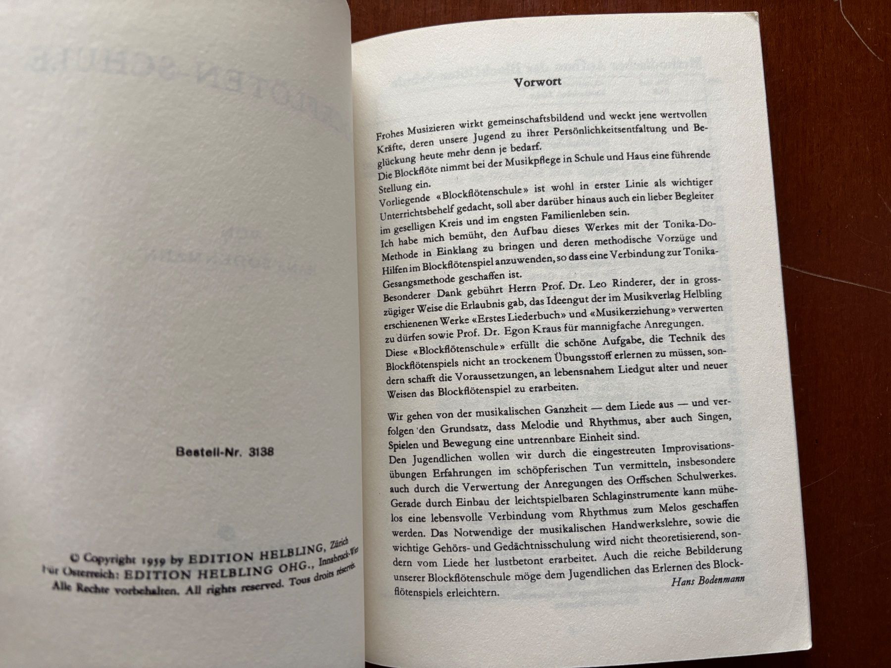 Libri: Blockflötenschule Hans Bodenmann Edition Helbling 1959 – Usato da THERWIL venduto da Fcbbasel 1