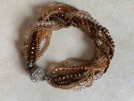 Kristallperlenarmband, Braun-Goldtöne, Verschluss Zirkonia