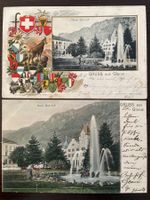 GRUSS AUS GLARUS Neuer Bahnhof, Springbrunnen, belebt, 1903