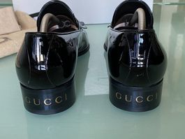 GUCCI Heel Logo Tassel Lack SchwarzLeder SlipOn Loafers 44.5