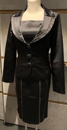 Kombi Anzug Kostüm Etui Kleid + Jacke Blazer Satin Gr.38 S M