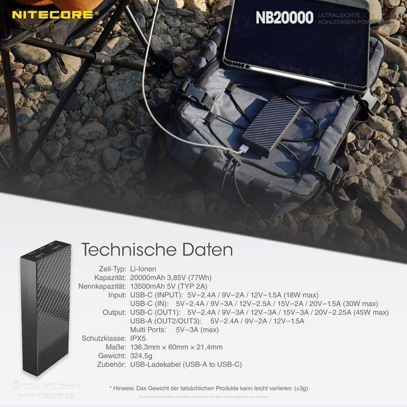 NiteCore Batterie: NiteCore Powerbank NB20000, superleicht – Nuovo e nell'imballaggio originale da Grüningen venduto da Prolumin 9