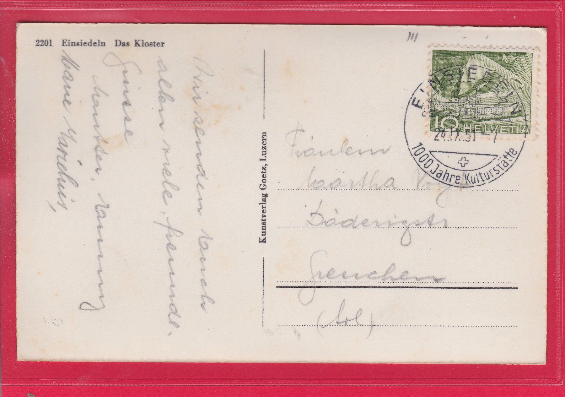 Ansichtskarten: EINSIEDELN, DAS KLOSTER, 24.9.1951 – Gebraucht aus Oberrieden von Gebirgsstelze 1