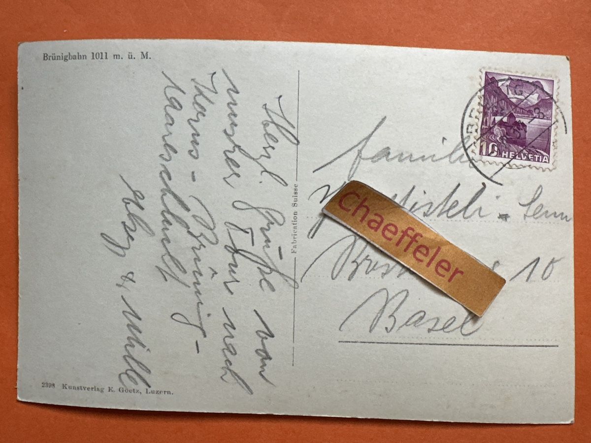Cartoline postali: 1937 Brünigbahn.  – Usato da Zürich venduto da Chaeffeler 1