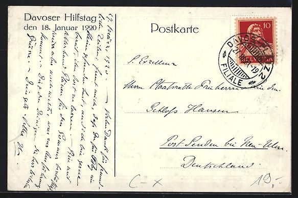 Cartoline postali: Davos, Hilfstag am 18. Januar 1920, Knab – Usato da Berlin venduto da bartko-reher 1