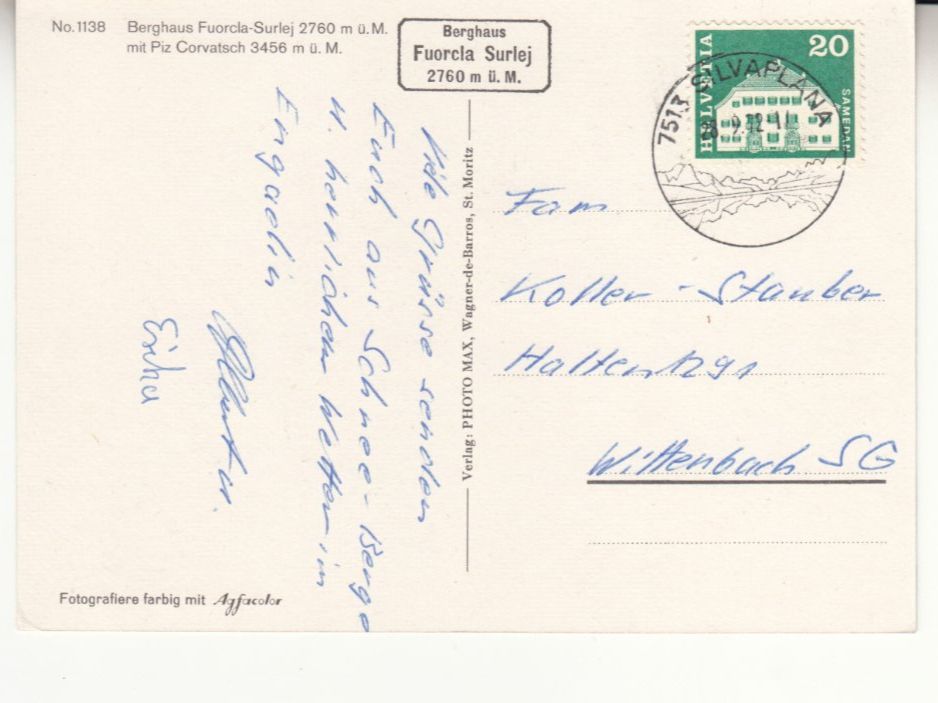 Cartoline postali: Fuorcla Surlej Berghaus 1972 – Usato da Bürglen TG venduto da StampGraf 1