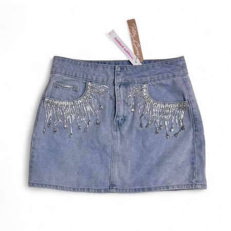 Blue Light Wash Denim Mini Skirt  - rhinestone 💎 Y2K