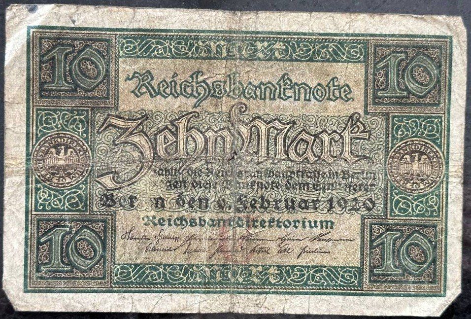 Banknoten: Antike Reichsbanknote: 10 Mark Schein von 1919 – Gebraucht aus Beringen von Mantafisch1