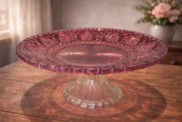Vintage Glas Tortenplatte / Kuchenplatte auf Fuss Rosa Glass