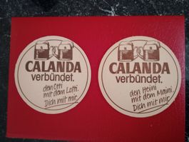2 alte Bierdeckel Calanda Bräu mit Spruch