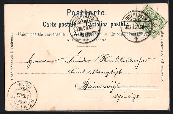 Cartoline postali: Litho Interlaken, Gesamtansicht mit Berg – Usato da Berlin venduto da bartko-reher 1