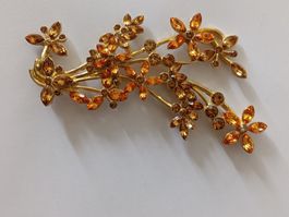 Superbe Grande Broche Vintage – Cristaux Ambre & Métal doré